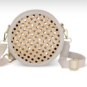 Round Beige and Tan Woven Crossbody Bag